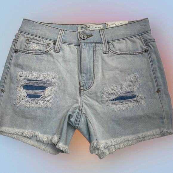 MUDD Women’s 1 (juniors) Mid Rise Blue Jean Cut Off Shorts - Picture 1 of 4